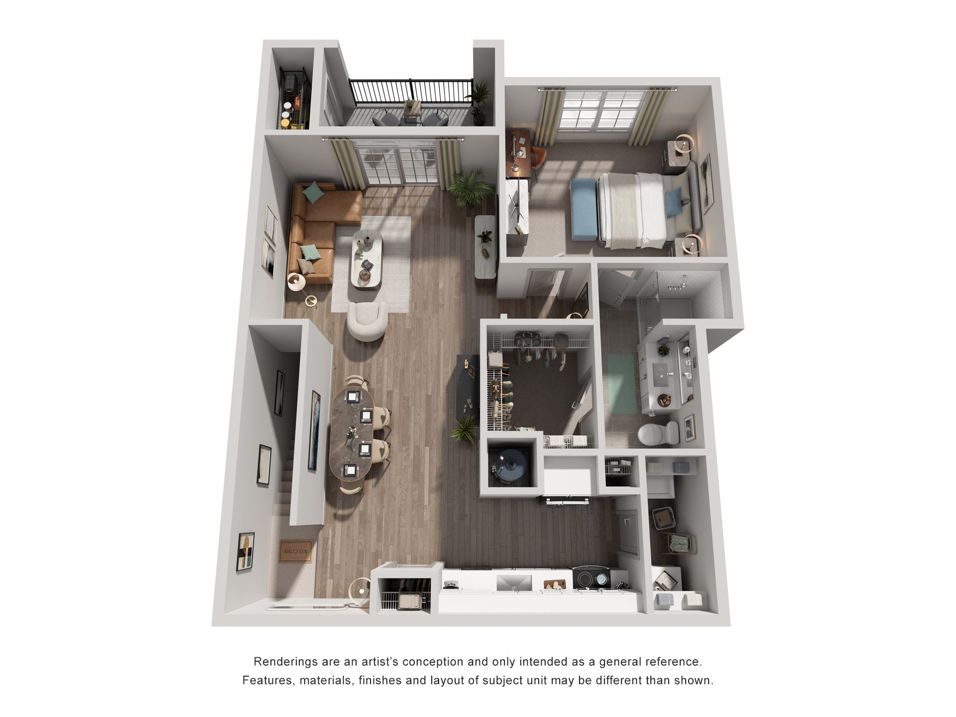 Floor plan for 1 bed, 1 bath, 848 sqft